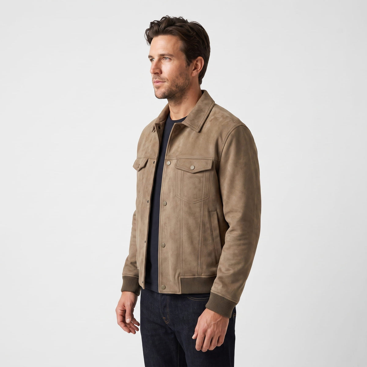 Men's plain trucker jacket with point collar, snap front, chest pockets and ribbed hems