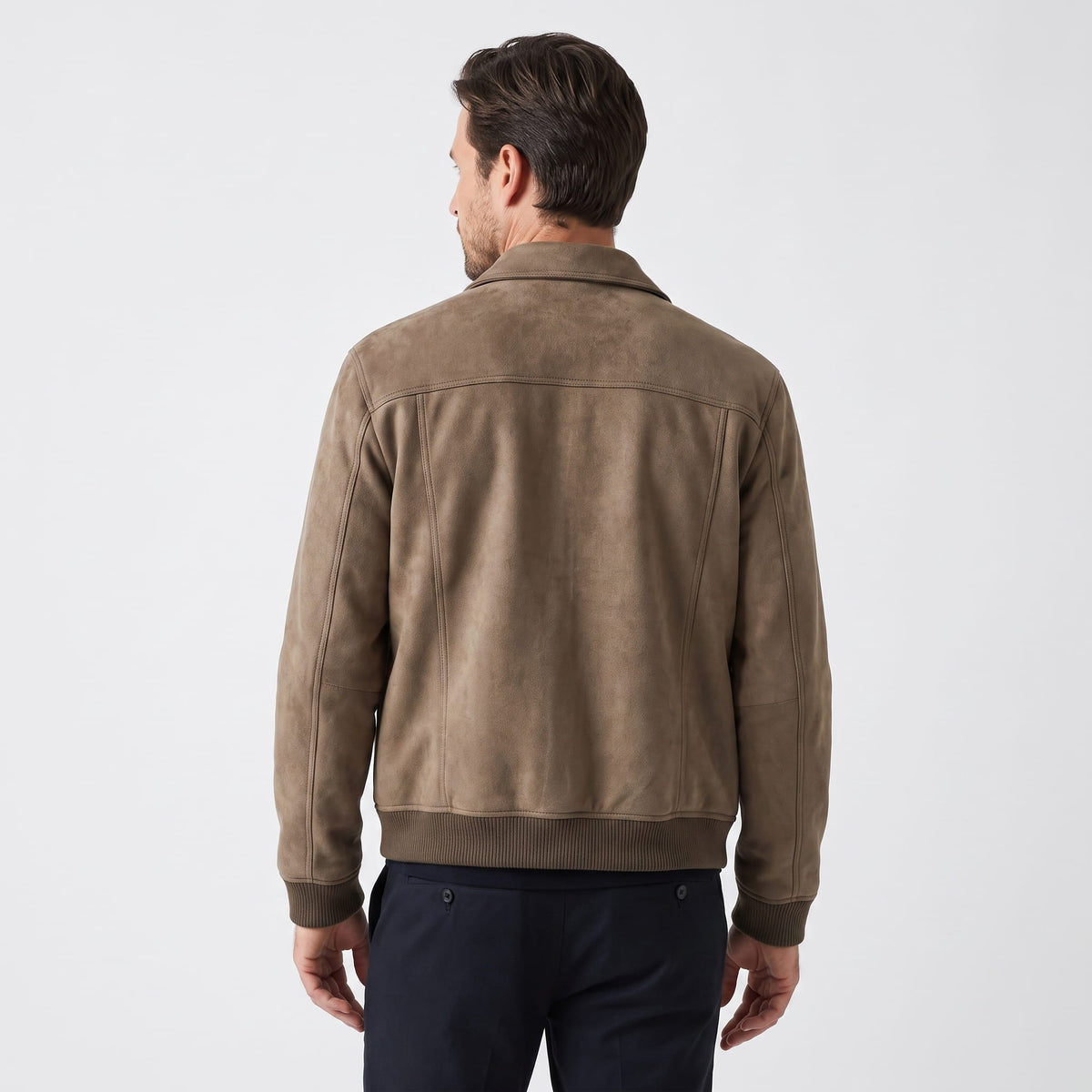 Men's plain trucker jacket with point collar, snap front, chest pockets and ribbed hems