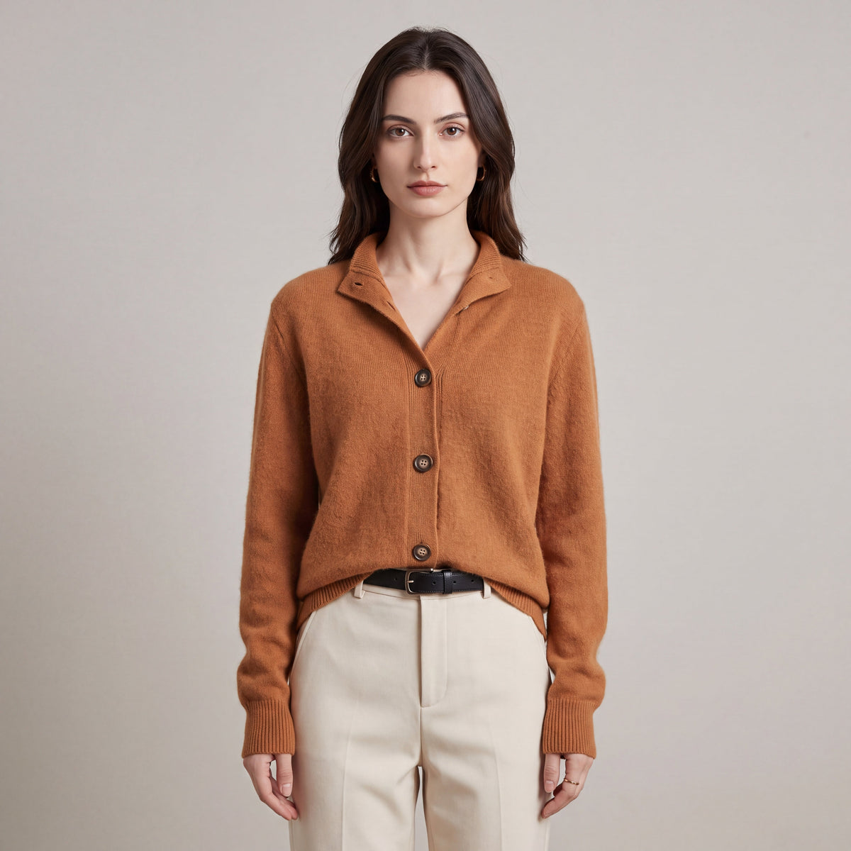 Women's long sleeve button front cardigan with ribbed collar
