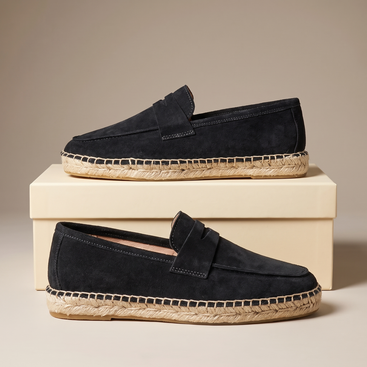 Unisex plain espadrille loafers with penny straps and flat woven soles