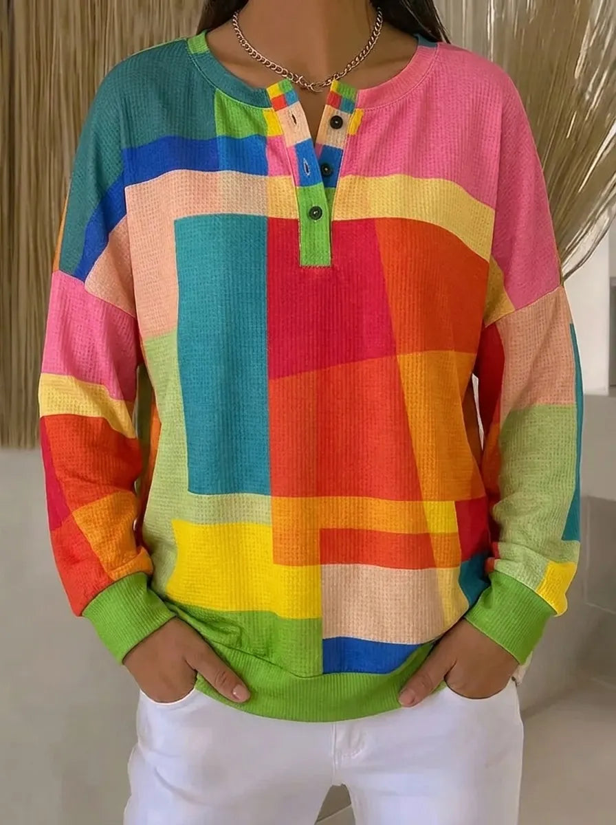 Women's multicoloured geometric colour-block sweatshirt with button placket and long sleeves