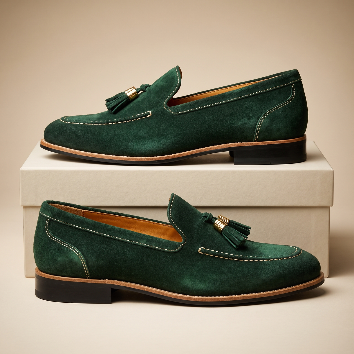 Men's tassel loafers with contrast stitching and low heels