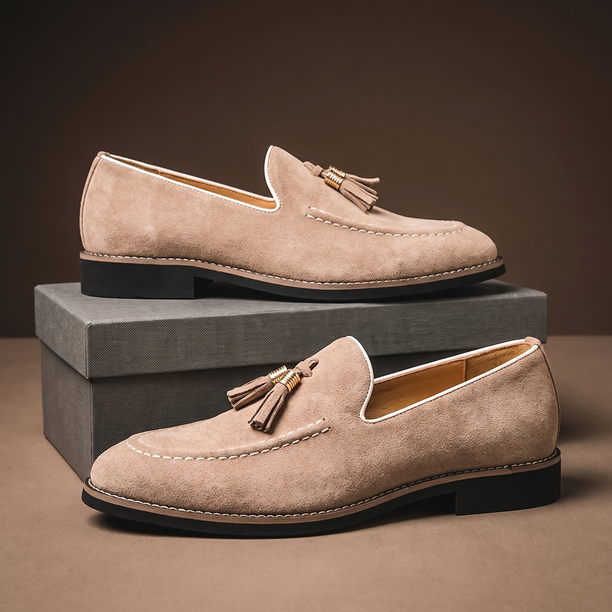 Men's tassel loafers with contrast stitching and low heels