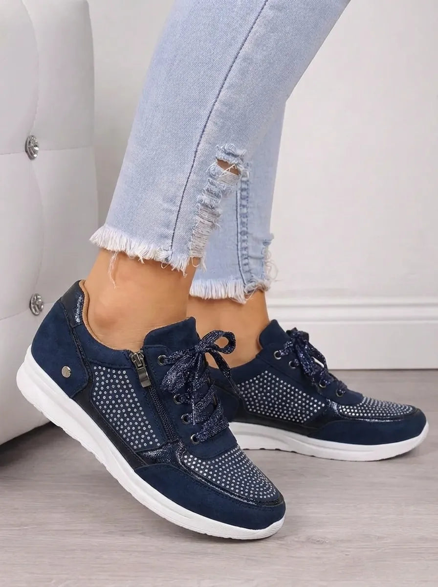 Women's embellished lace-up trainers with side zip and flat white sole