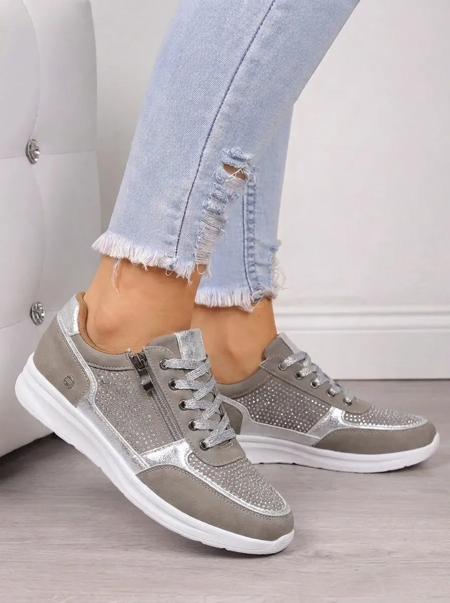 Women's embellished lace-up trainers with side zip and flat white sole