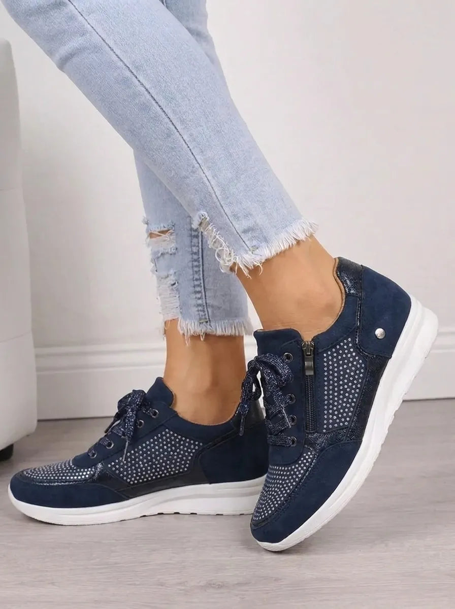 Women's embellished lace-up trainers with side zip and flat white sole