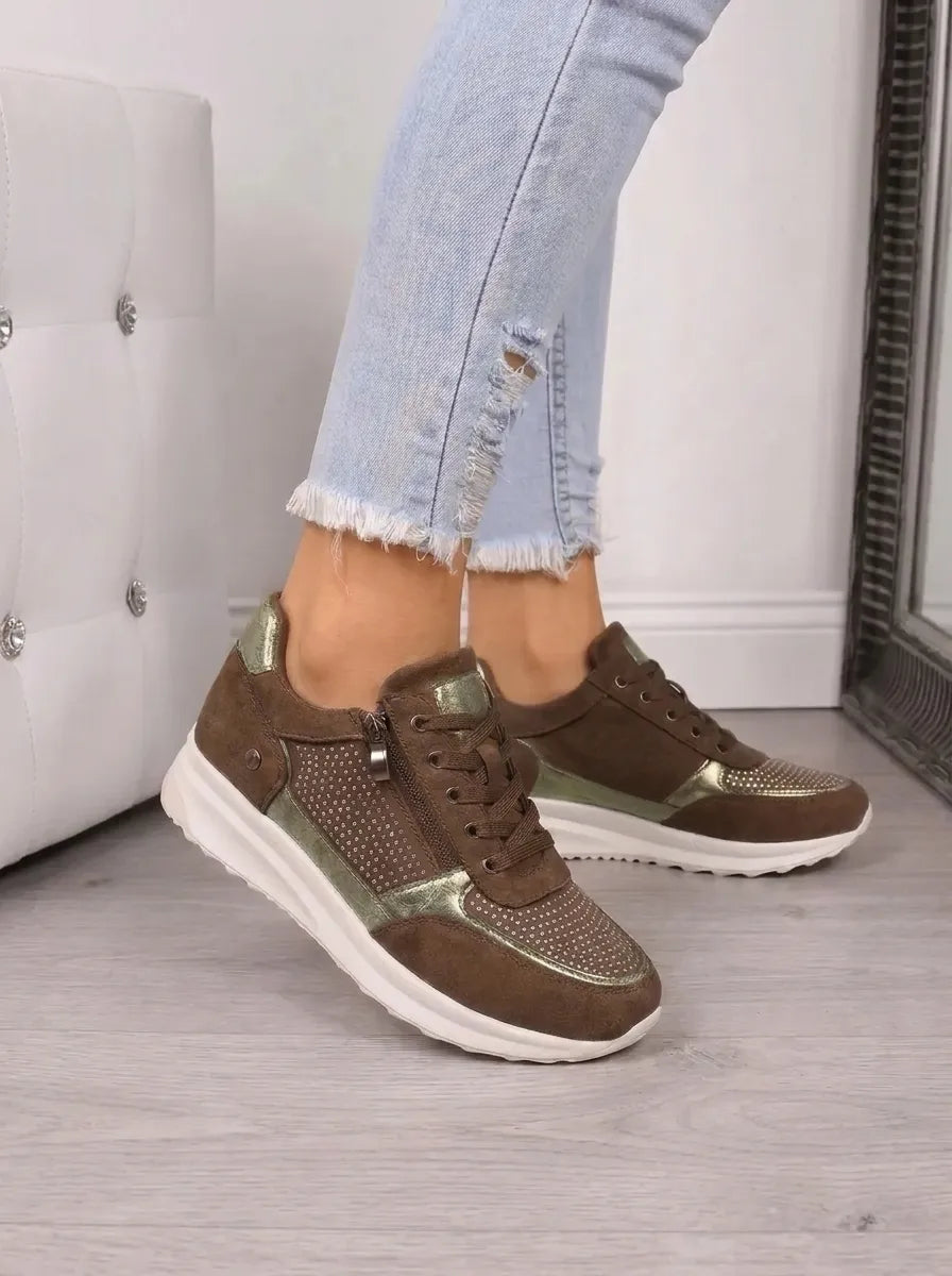 Women's embellished lace-up trainers with side zip and flat white sole