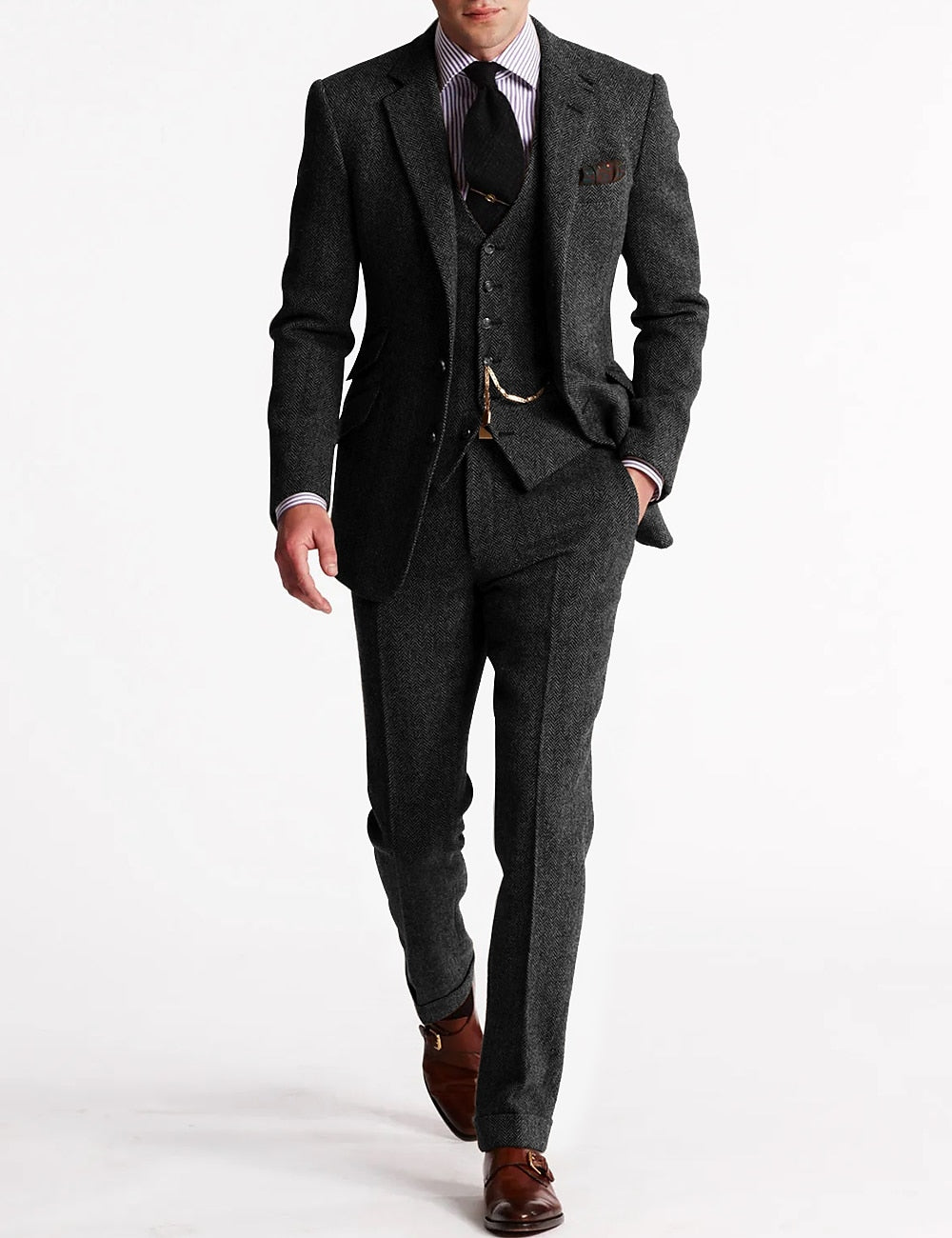 Men's slim fit herringbone three-piece suit with tailored jacket, waistcoat and trousers