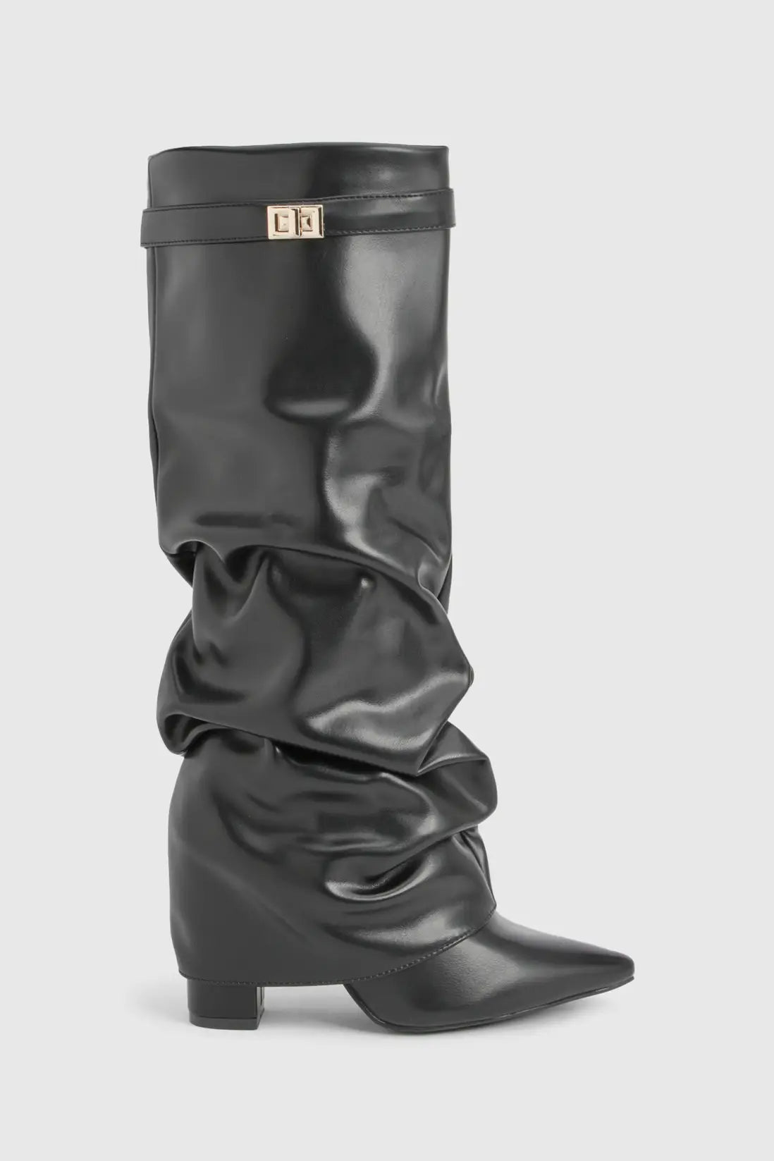 Women's slouch knee-high boots with pointed toes, low heels and buckle strap detail