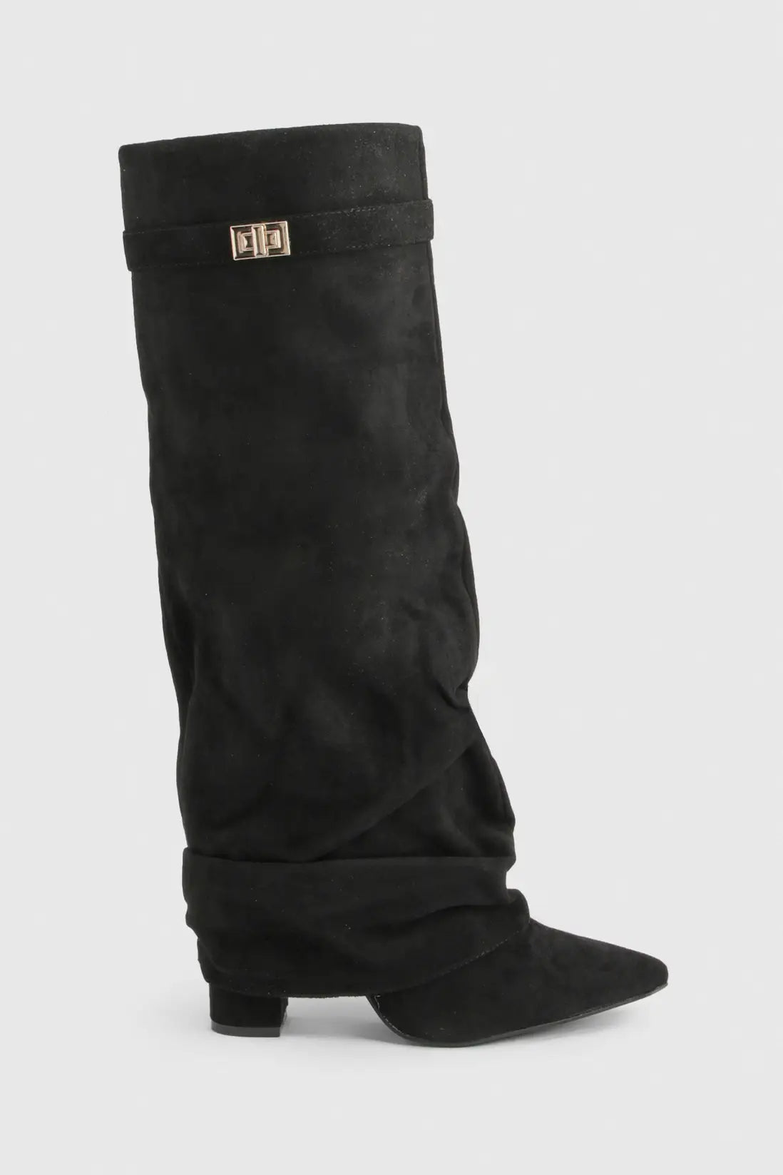 Women's slouch knee-high boots with pointed toes, low heels and buckle strap detail