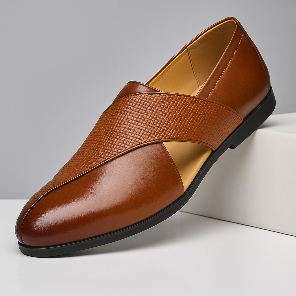 Men's two-tone textured slip-on loafer with rounded toe and flat sole