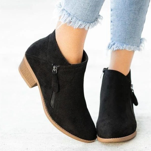 Women's short-shaft ankle boots with side zippers, rounded toes and block heels
