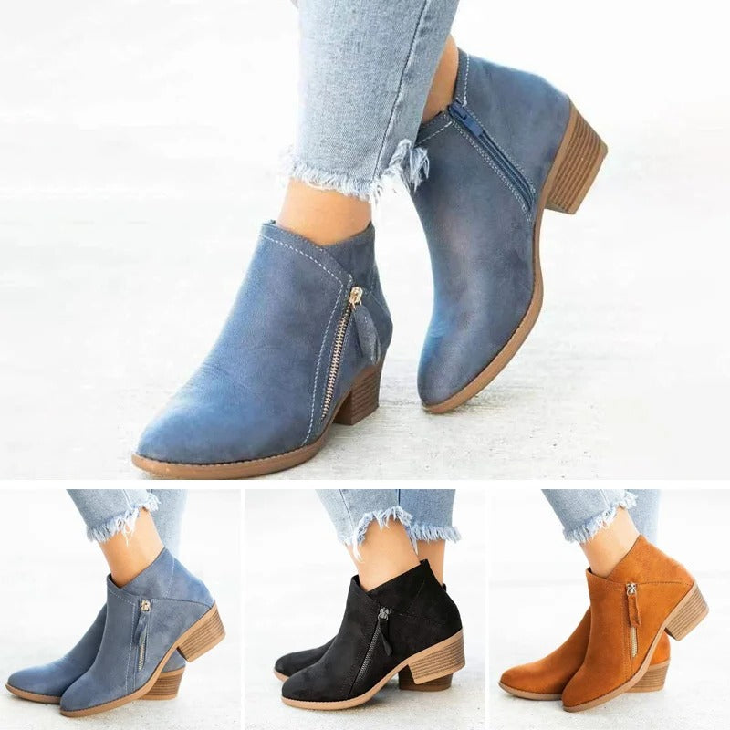 Women's short-shaft ankle boots with side zippers, rounded toes and block heels