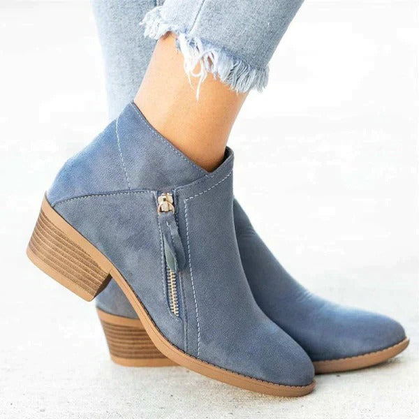 Women's short-shaft ankle boots with side zippers, rounded toes and block heels
