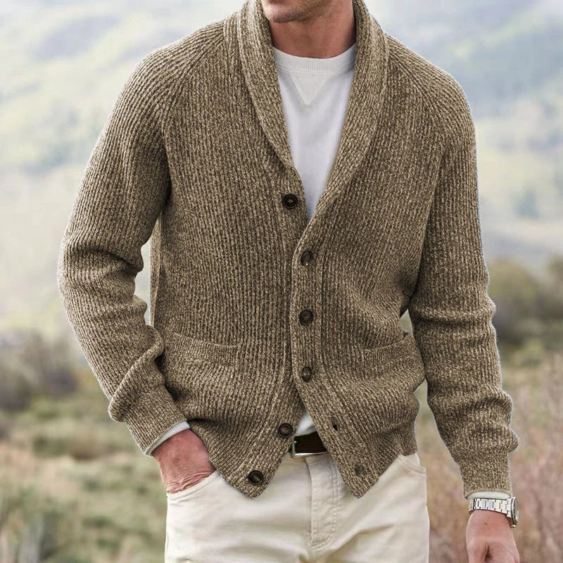 Men's textured knit cardigan jacket with shawl collar, buttons and front pockets