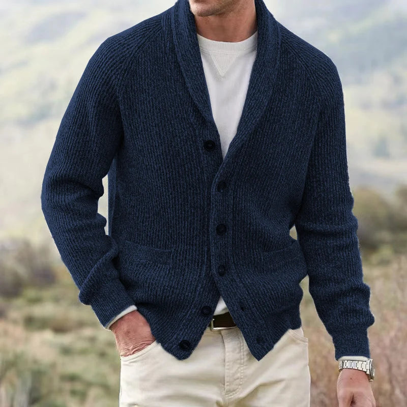 Men's textured knit cardigan jacket with shawl collar, buttons and front pockets