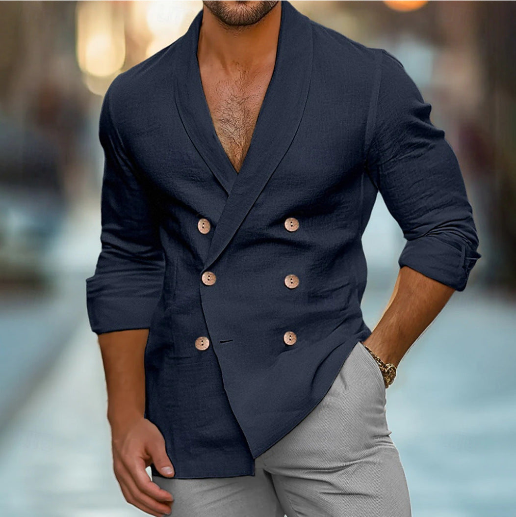 Men's double-breasted polo collar cardigan jacket with long sleeves