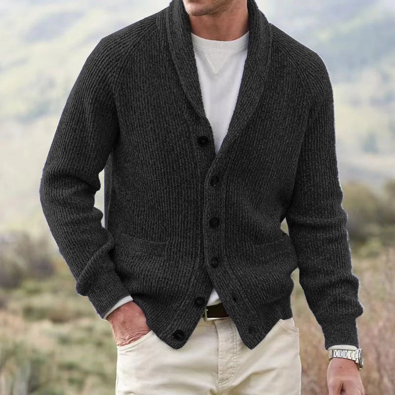 Men's textured knit cardigan jacket with shawl collar, buttons and front pockets