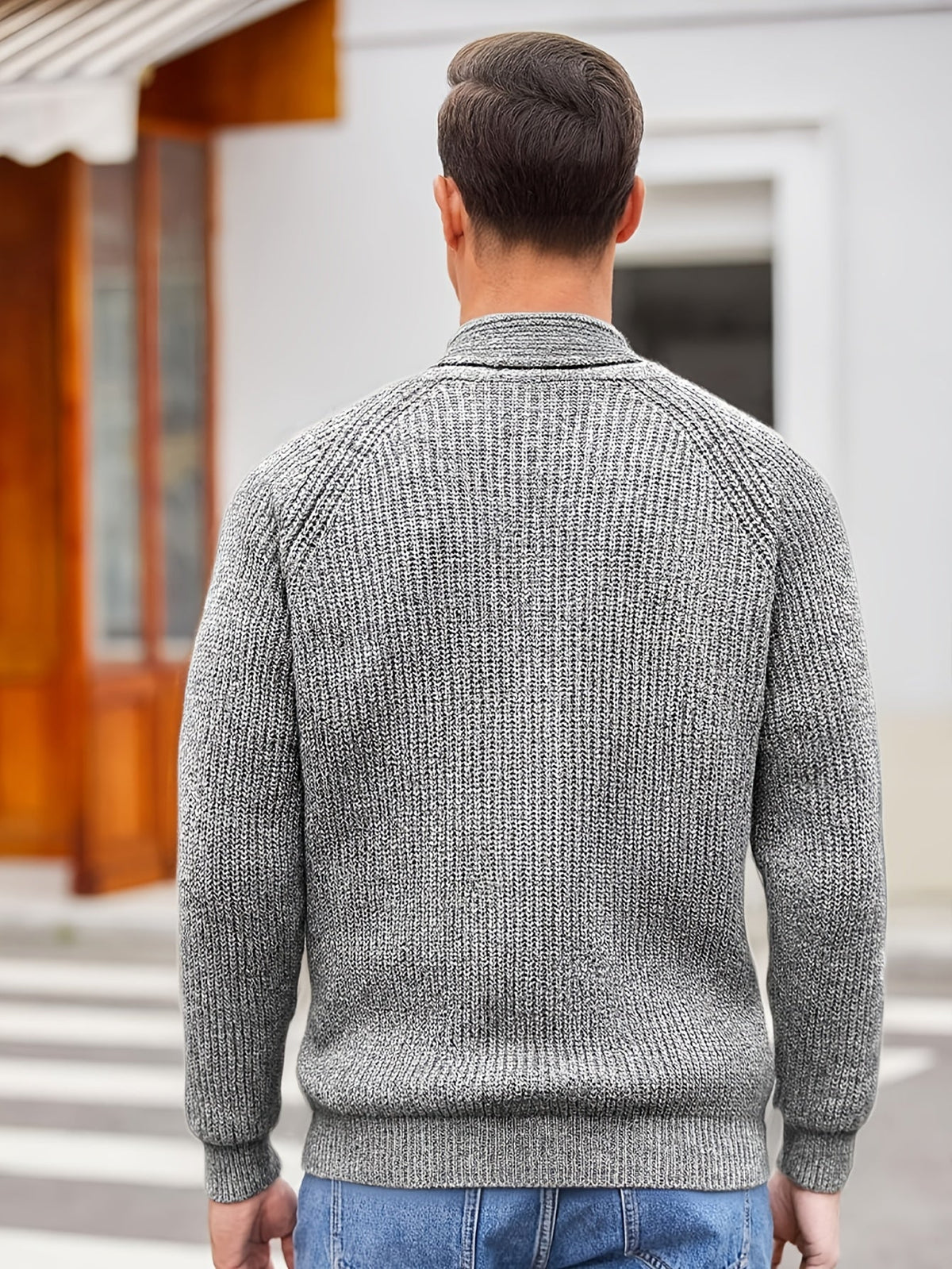 Men's textured knit cardigan jacket with shawl collar, buttons and front pockets