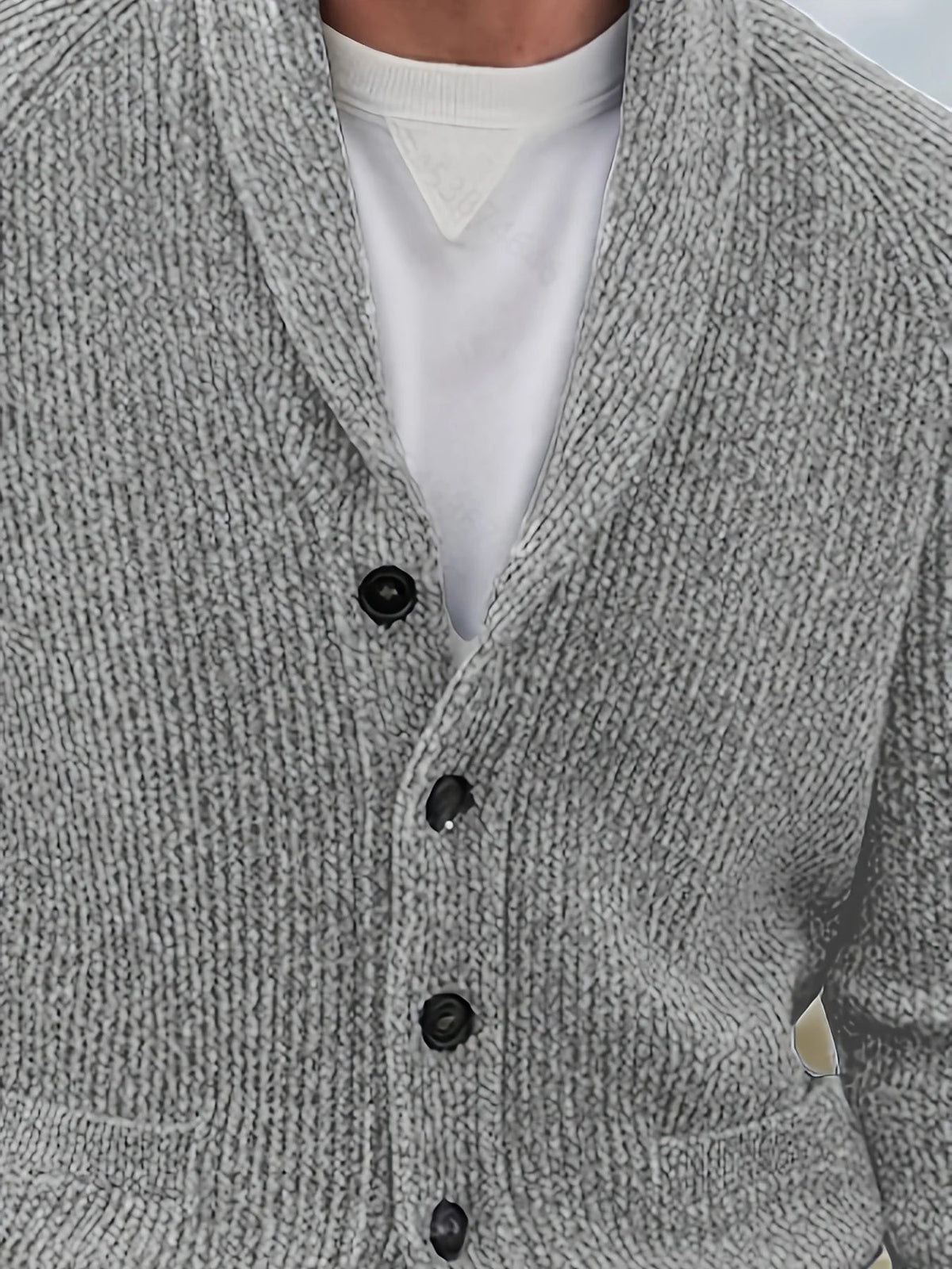 Men's textured knit cardigan jacket with shawl collar, buttons and front pockets