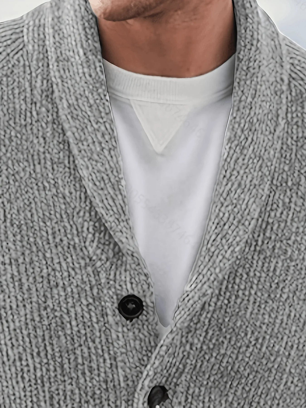 Men's textured knit cardigan jacket with shawl collar, buttons and front pockets