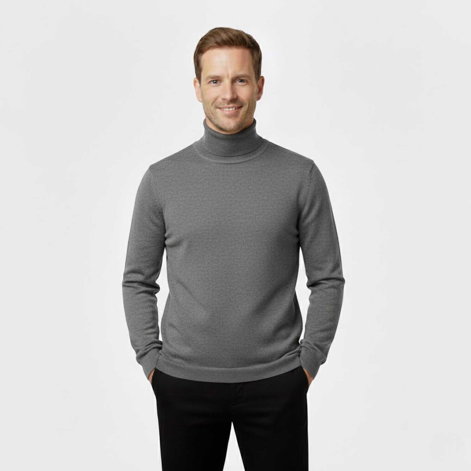 Men's slim long-sleeve roll-neck jumper shown in black and navy