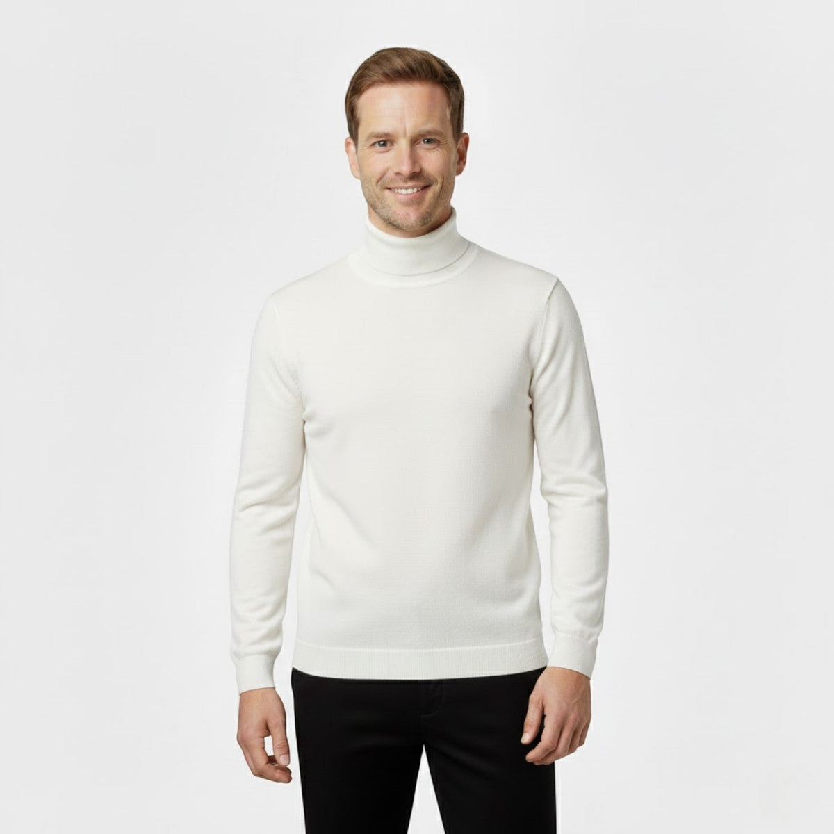 Men's slim long-sleeve roll-neck jumper shown in black and navy