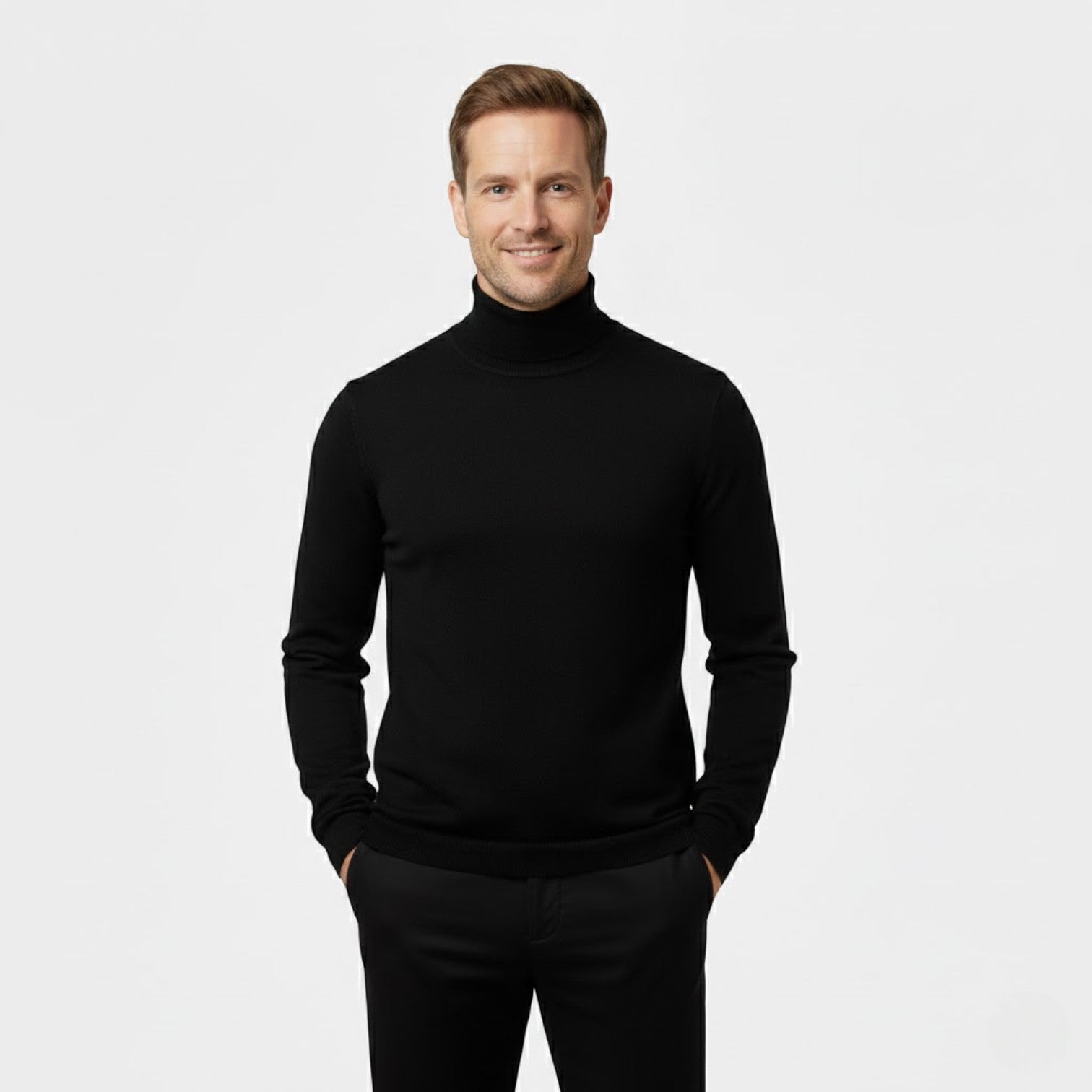 Men's slim long-sleeve roll-neck jumper shown in black and navy