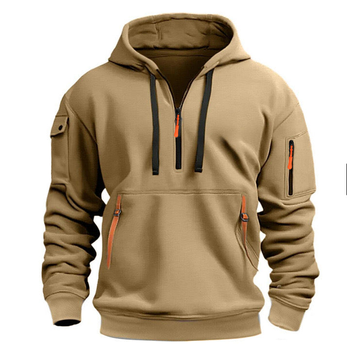 Men's Hoodie Half-Zip Cargo Pocket Fleece - Camel
