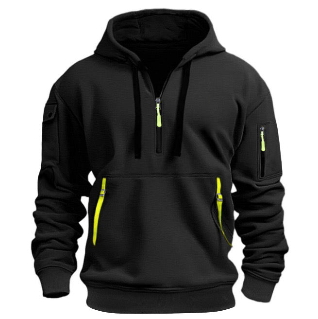 Men's Hoodie Half-Zip Cargo Pocket Fleece - Black