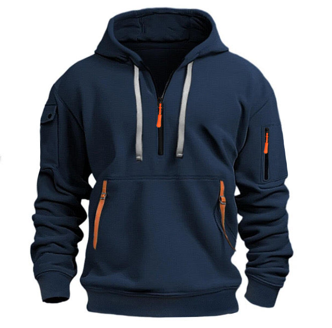 Men's Hoodie Half-Zip Cargo Pocket Fleece - Blue