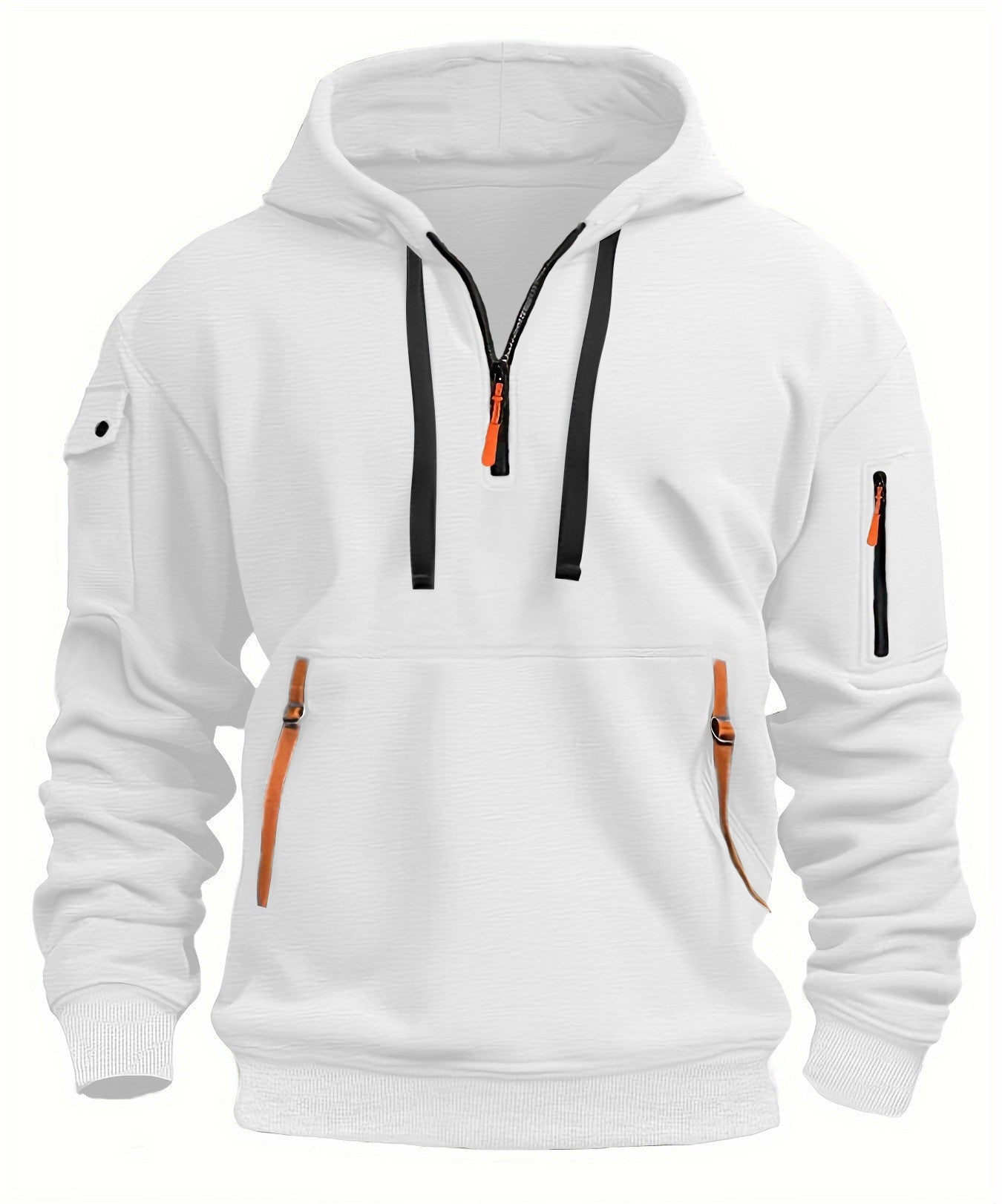 Men's Hoodie Half-Zip Cargo Pocket Fleece - White