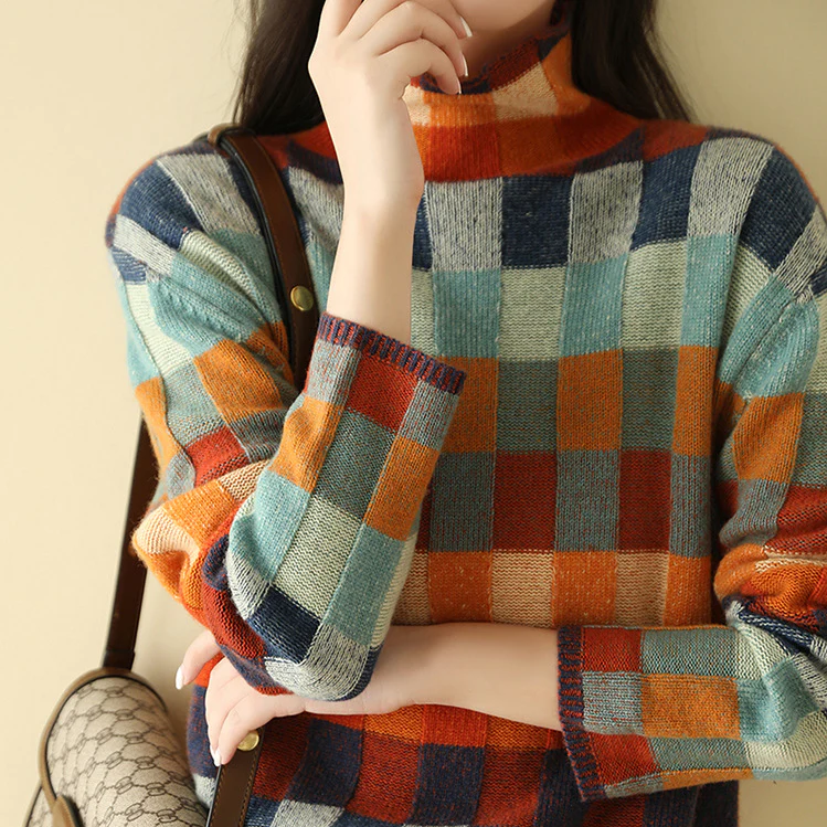 Women's multicoloured patchwork checked turtleneck sweater with long sleeves