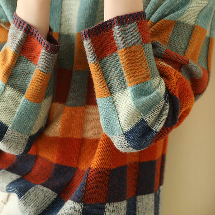 Women's multicoloured checked mock neck jumper with long sleeves