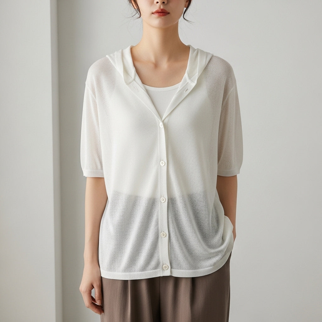 Women's short-sleeve hooded knit cardigan with button front