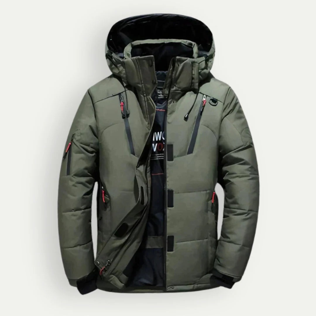 Men's hooded quilted puffer jacket with zip pockets and adjustable cuffs