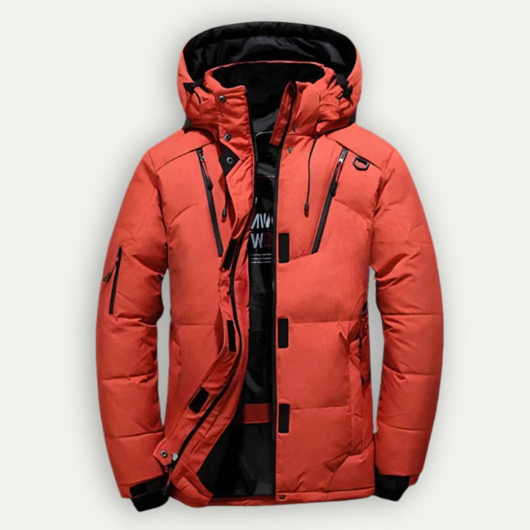 Men's hooded quilted puffer jacket with zip pockets and adjustable cuffs