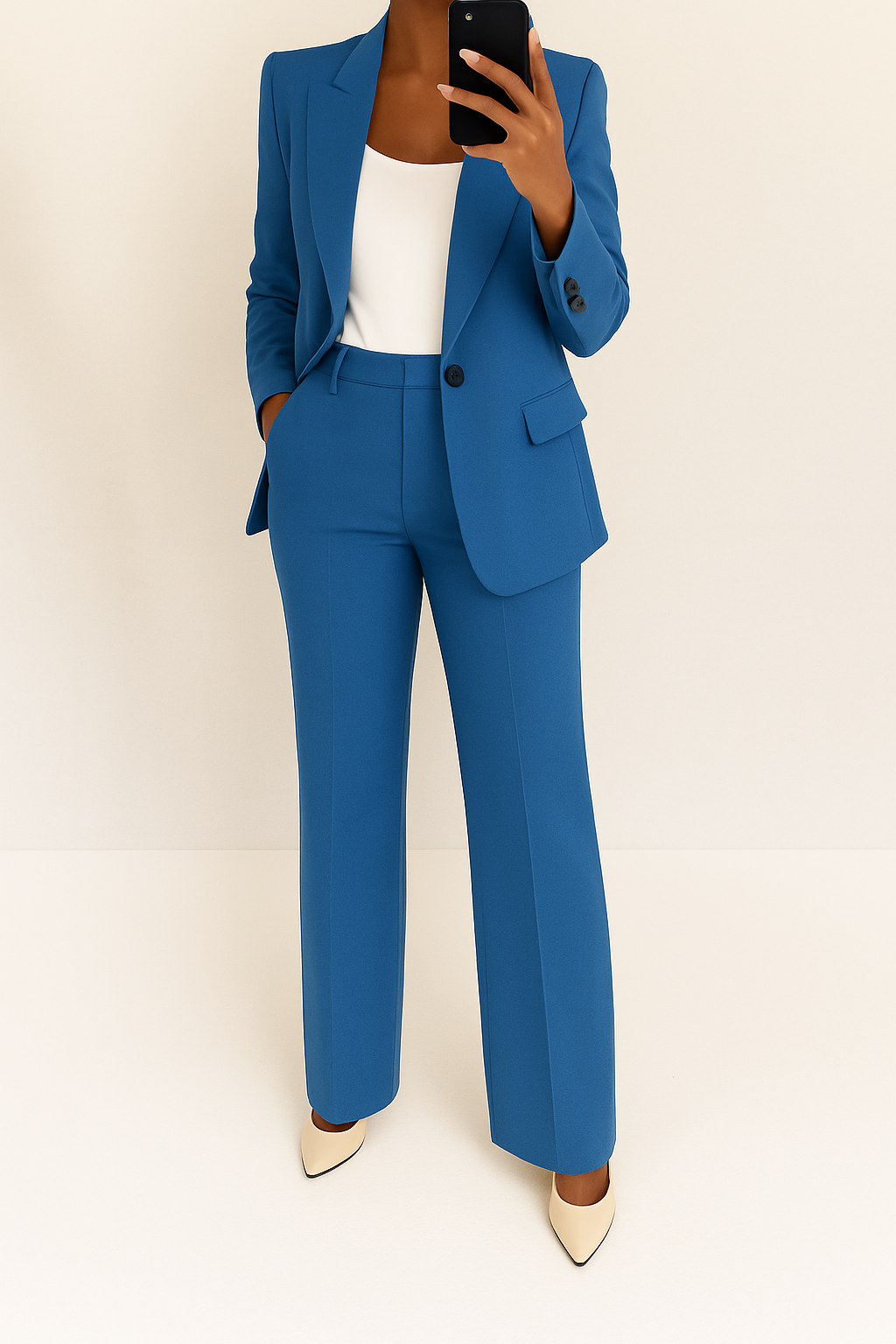 Women's two-piece suit with notched blazer and wide-leg trousers