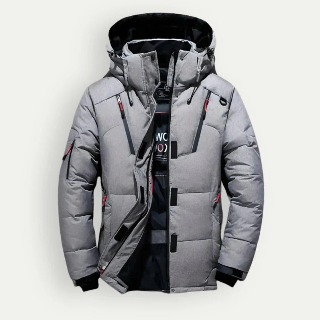 Men's hooded quilted puffer jacket with zip pockets and adjustable cuffs