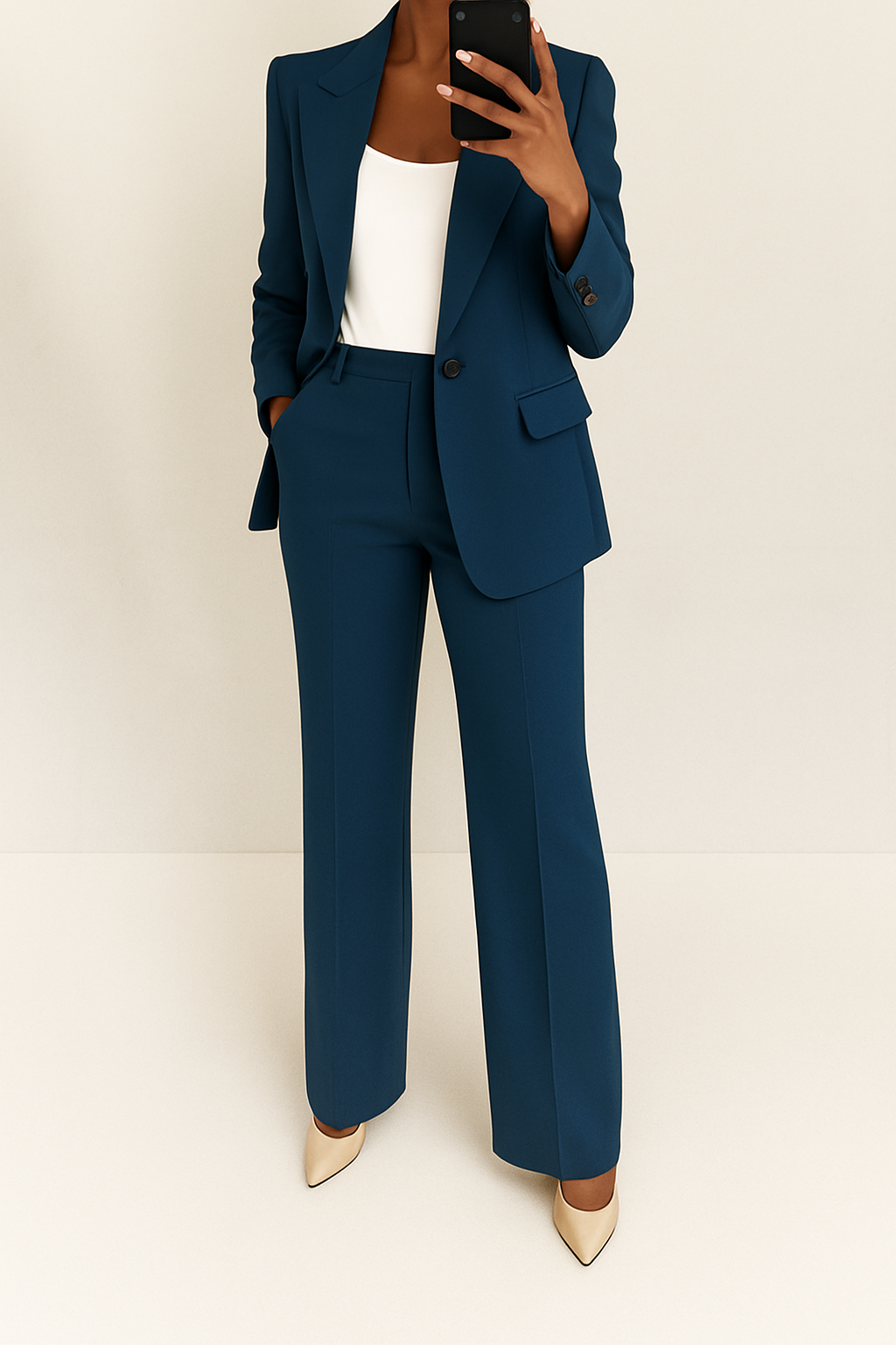 Women's two-piece suit with notched blazer and wide-leg trousers
