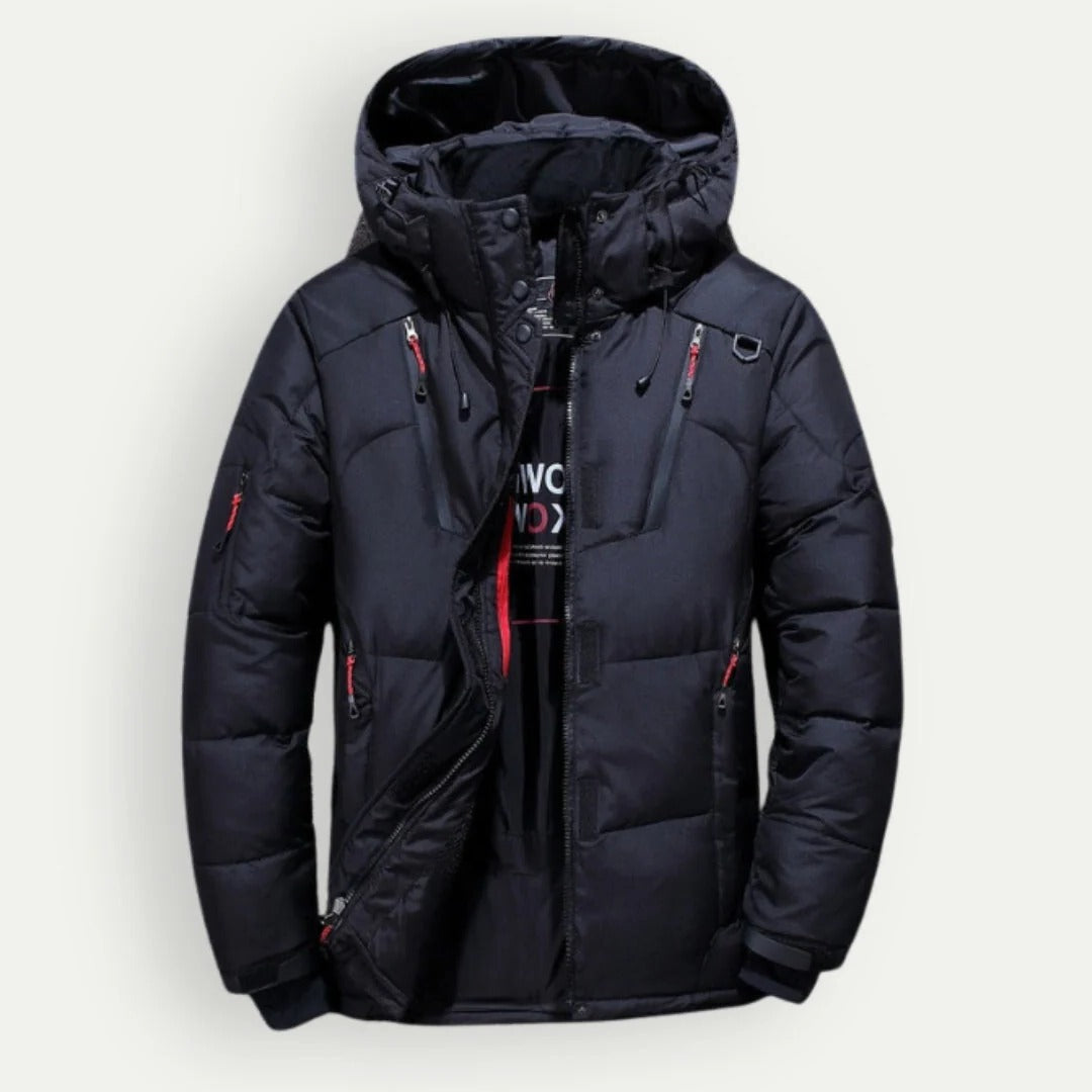 Men's hooded quilted puffer jacket with zip pockets and adjustable cuffs