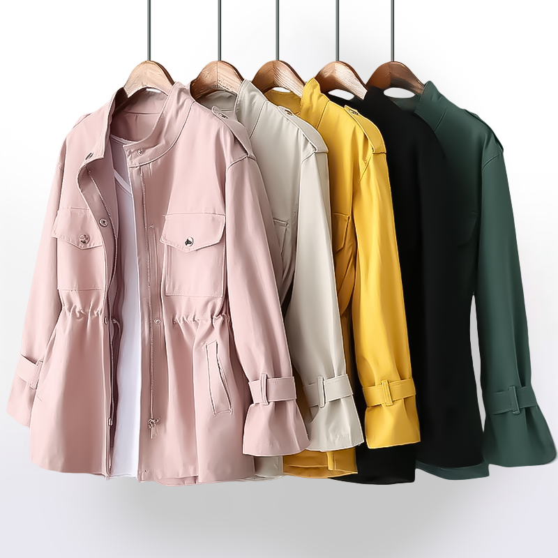Women's rain coat with stand collar, long sleeves, gathered waist and flap pockets