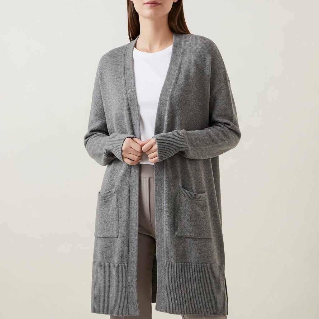 Women's long open-front cardigan with long sleeves, ribbed trims and front patch pockets