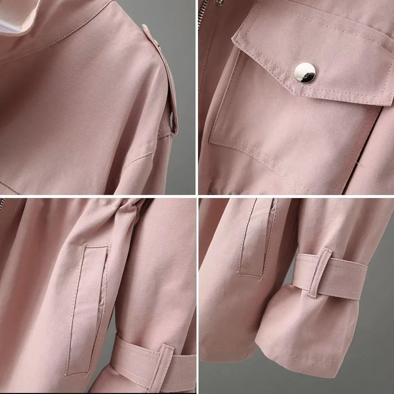 Women's rain coat with stand collar, long sleeves, gathered waist and flap pockets