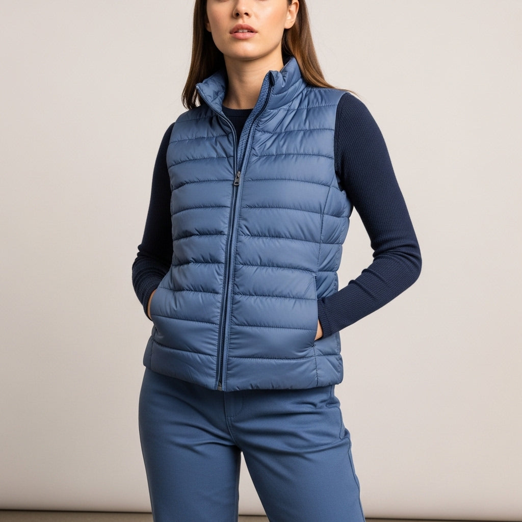 Women's quilted padded gilet with raised collar, zip front and pockets