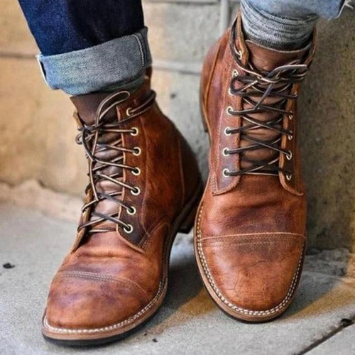 Men's vintage brown lace-up ankle boots with rounded toes and low heels