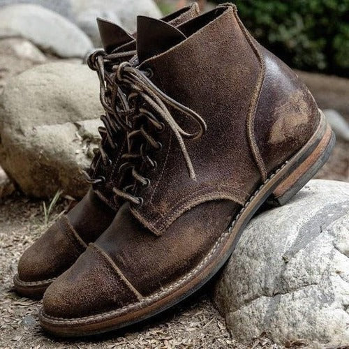 Men's vintage brown lace-up ankle boots with rounded toes and low heels