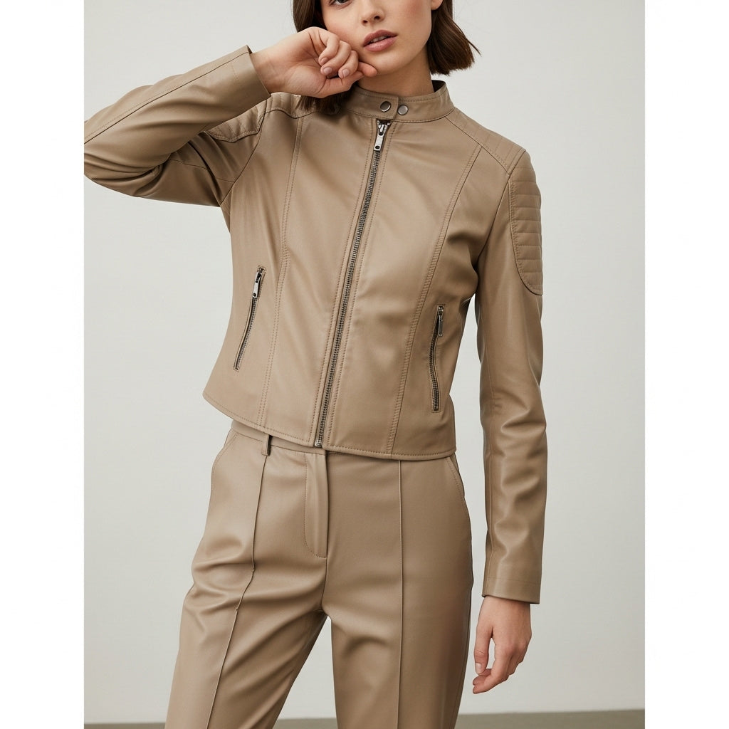 Women's fitted short jacket with stand collar, long sleeves and zipped pockets