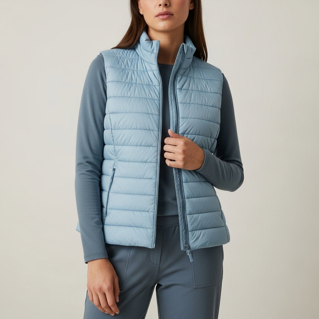 Women's quilted padded gilet with raised collar, zip front and pockets