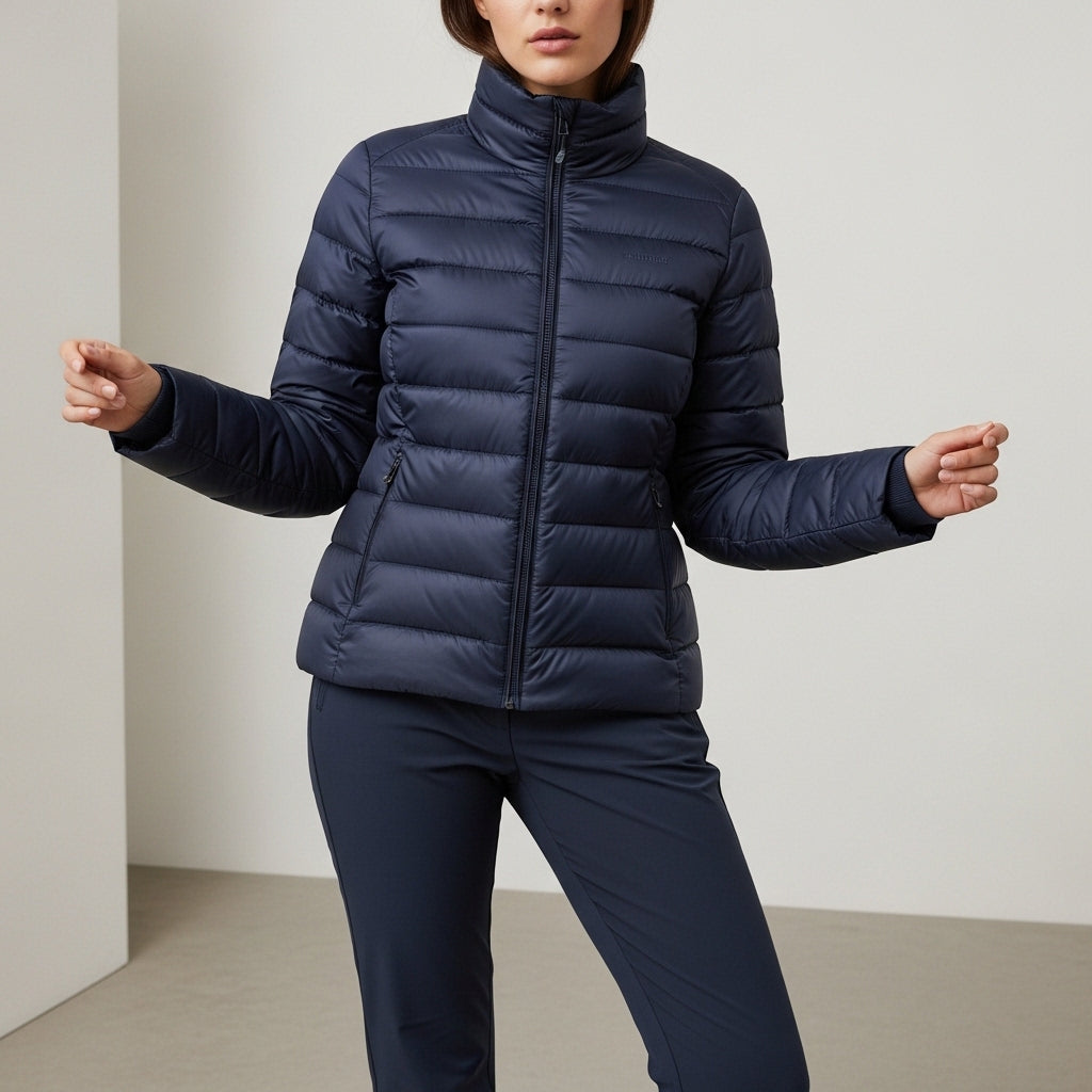 Women's quilted puffer jacket with high collar, long sleeves and zipped pockets